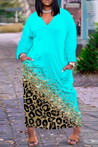 Cyan Casual Print Patchwork V Neck Long Sleeve Dresses