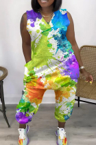 Yellow Casual Print Tie-dye V Neck Plus Size Jumpsuits