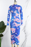 Blue Casual Print Tie Dye Fold Half A Turtleneck Long Sleeve Dresses