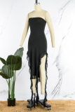 Black Sexy Casual Solid Backless Slit Strapless Irregular Dress Dresses