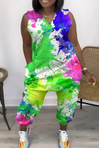 Green Casual Print Tie-dye V Neck Plus Size Jumpsuits