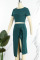 Grey Casual Solid Bandage Patchwork Slit O Neck Short Sleeve Two Pieces