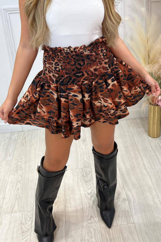 Coffee Sexy Leopard Flounce Skinny High Waist Type A Full Print Bottoms