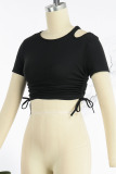 Black Casual Solid Hollowed Out Patchwork Draw String O Neck T-Shirts