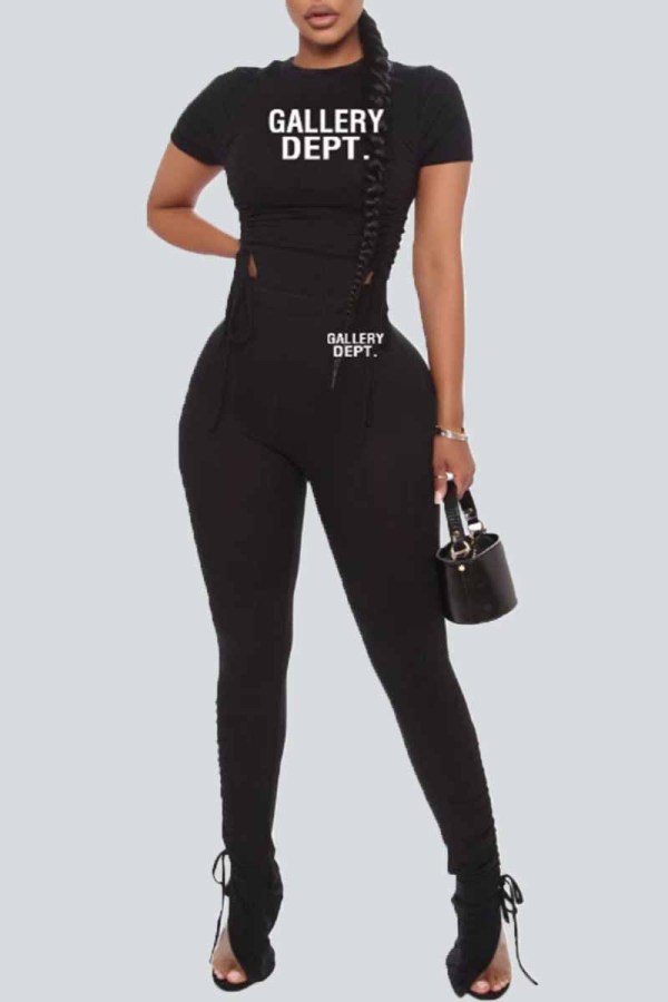Black Sexy Street Print Letter O Neck Short Sleeve Two Pieces