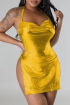 Gold Sexy Solid Bandage Backless Slit Halter Sleeveless Dress Dresses
