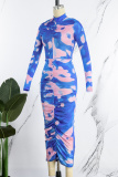 Blue Casual Print Tie Dye Fold Half A Turtleneck Long Sleeve Dresses