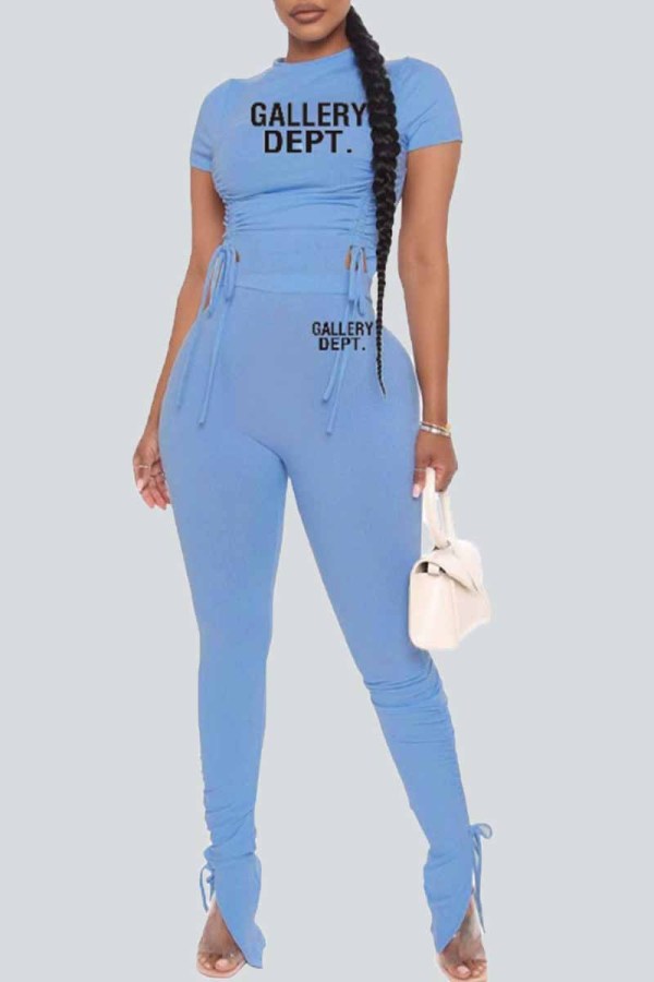 Light Blue Sexy Street Print Letter O Neck Short Sleeve Two Pieces