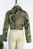 Green Casual Camouflage Print Patchwork Turndown Collar Outerwear