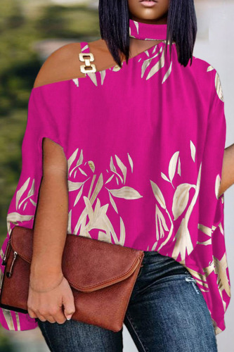 White Rose Red Casual Print Patchwork Asymmetrical Collar Plus Size Tops
