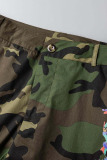 Army Green Casual Street Camouflage Print Patchwork Buckle Turndown Collar Short Sleeve Two Pieces