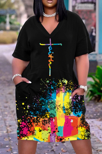 Black Casual Print Patchwork V Neck Short Sleeve Dress