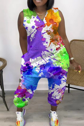Purple Casual Print Tie-dye V Neck Plus Size Jumpsuits