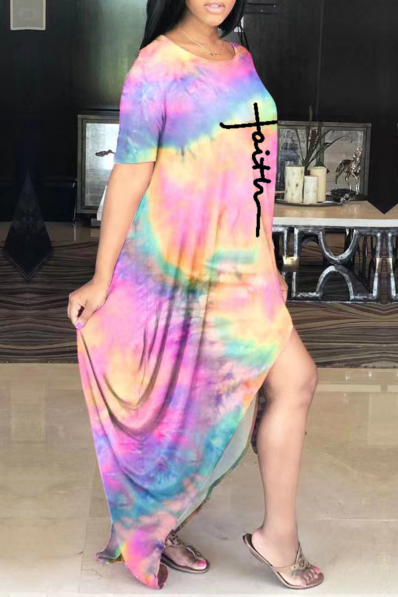 Casual Print Tie Dye Pocket V Neck A Line Short Sleeve Dress(4 Colors)