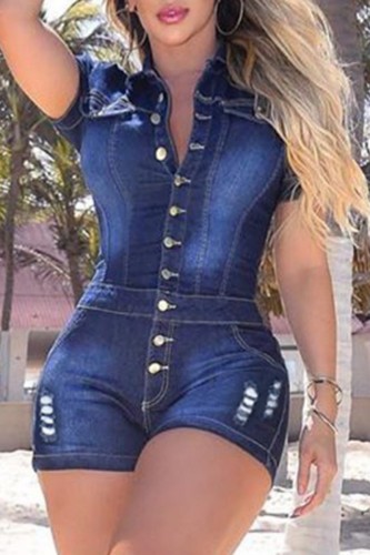 Blue Casual Solid Patchwork Buttons Turndown Collar Short Sleeve Skinny Denim Jumpsuits