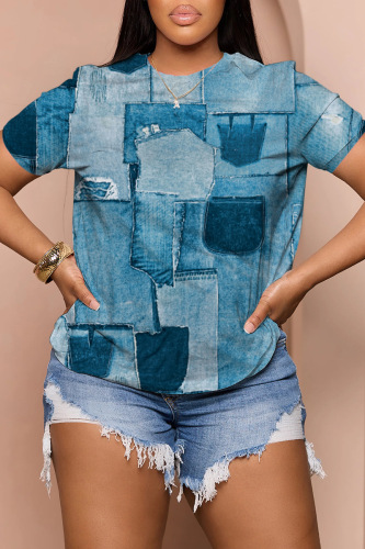 Blue Casual Daily Print Basic O Neck T-Shirts
