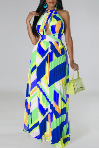 Blue Sexy Print Patchwork Backless Fold Halter A Line Dresses