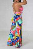 Pink Sexy Print Patchwork Spaghetti Strap Straight Jumpsuits
