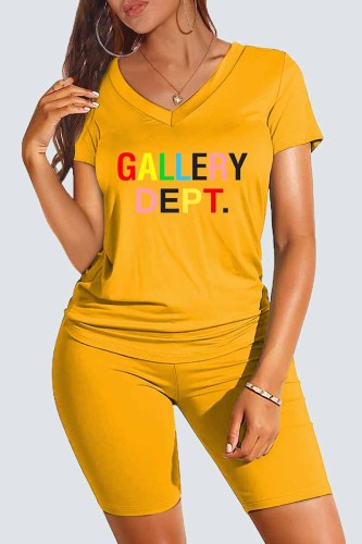Orange Casual Print Letter V Neck Short Sleeve Two Pieces