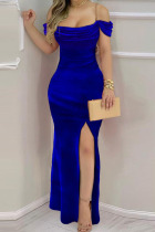 Blue Sexy Solid Patchwork Metal Accessories Decoration Slit Spaghetti Strap Sling Dress Dresses