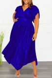 Blue Casual Solid Patchwork V Neck Pleated Plus Size Dresses