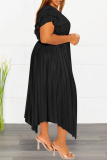 Black Casual Solid Patchwork V Neck Pleated Plus Size Dresses