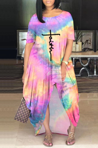 Orange Casual Print Tie-dye O Neck Short Sleeve Dress