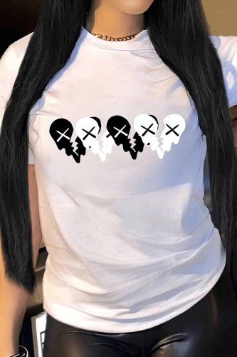 White Casual Print Patchwork O Neck T-Shirts