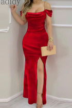 Red Sexy Solid Patchwork Metal Accessories Decoration Slit Spaghetti Strap Sling Dress Dresses