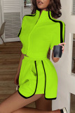 Fluorescent Green Casual Solid Patchwork Zipper Collar Short Sleeve Two Pieces