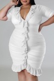 White Sexy Solid Patchwork Fold V Neck Short Sleeve Dress Plus Size Dresses