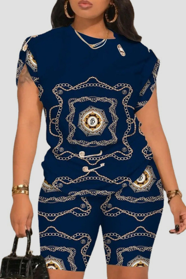 Tibetan Blue Casual Street Print Patchwork O Neck Short Sleeve Two Pieces