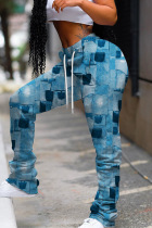 Blue Casual Print Fold Regular Mid Waist Conventional Full Print Trousers
