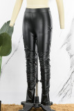 Black Street Solid Patchwork Fold High Waist Pencil Solid Color Bottoms