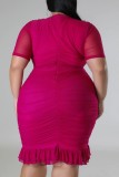 Rose Red Sexy Solid Patchwork Fold V Neck Short Sleeve Dress Plus Size Dresses