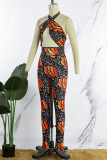Colour Sexy Print Hollowed Out Backless Strapless Skinny Jumpsuits