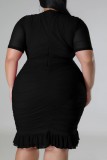 Black Sexy Solid Patchwork Fold V Neck Short Sleeve Dress Plus Size Dresses