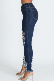 Deep Blue Casual Solid Ripped Patchwork High Waist Skinny Denim Jeans