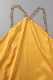 Yellow Sexy Solid Backless V Neck Long Dress Dresses