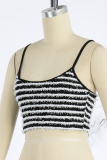 Black Sexy Striped Patchwork Backless Spaghetti Strap Tops