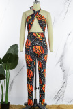 Colour Sexy Print Hollowed Out Backless Strapless Skinny Jumpsuits