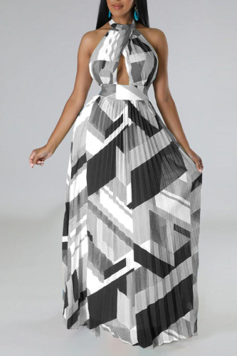 Black Sexy Print Patchwork Backless Fold Halter A Line Dresses