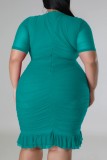 Green Sexy Solid Patchwork Fold V Neck Short Sleeve Dress Plus Size Dresses