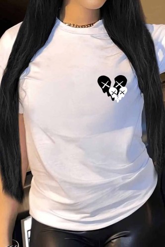 White Casual Print Patchwork O Neck T-Shirts