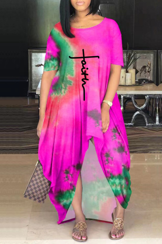 Rose Red Casual Print Tie-dye O Neck Short Sleeve Dress