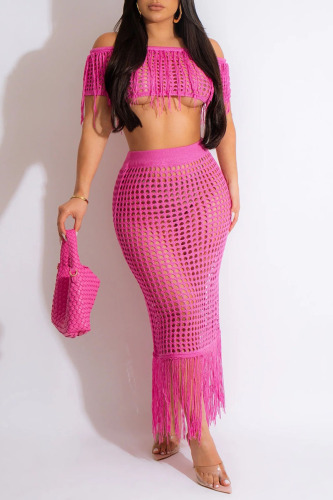 Rose Red Sexy Solid Tassel Hollowed Out Patchwork Off the Shoulder Short Sleeve Two Pieces