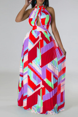 Red Sexy Print Patchwork Backless Fold Halter A Line Dresses