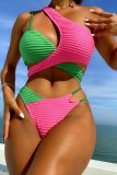 Rose Red Sexy Solid Hollowed Out Patchwork Backless Contrast Swimwears (With Paddings)