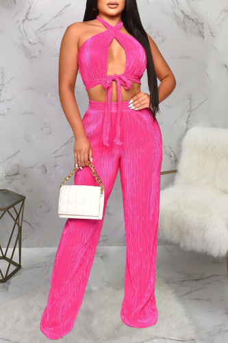 Fluorescent Pink Sexy Solid Bandage Hollowed Out Patchwork Backless Fold Halter Sleeveless Two Pieces