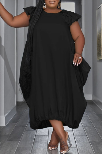 Black Casual Solid Patchwork O Neck Irregular Dress Plus Size Dresses